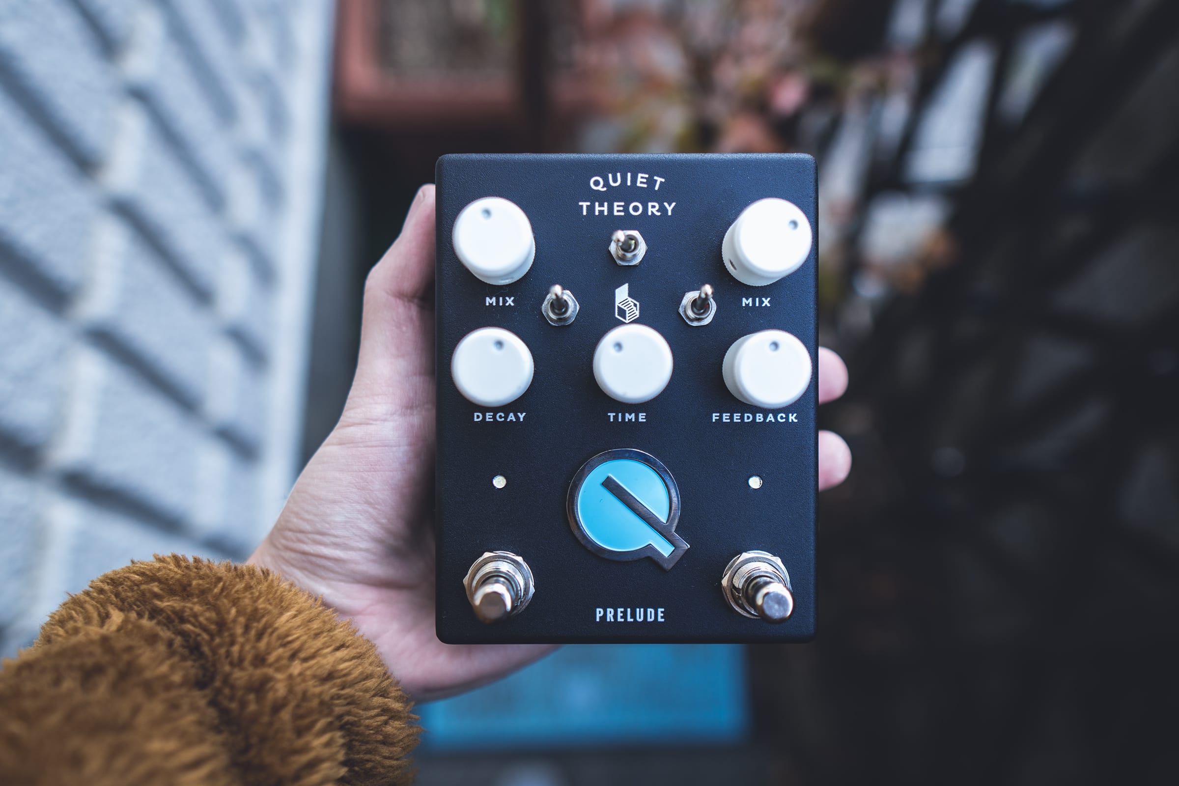 黒い筐体のエフェクターQuiet Theory Preludeを手に持った写真